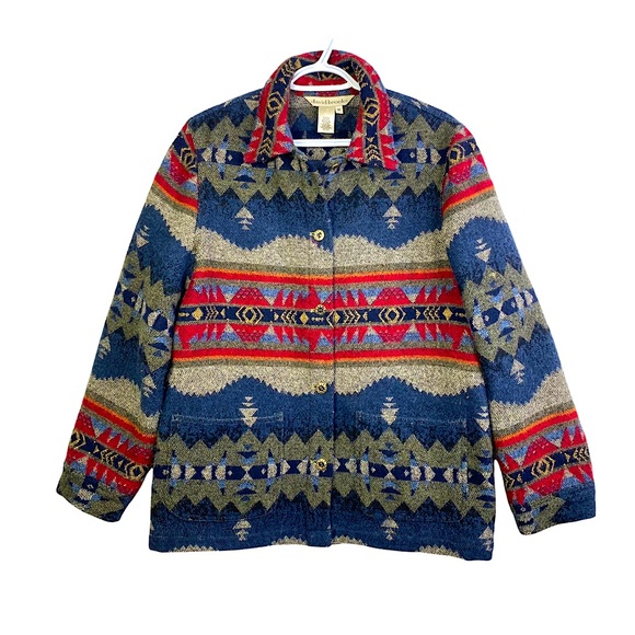 Vintage Jackets & Blazers - Vintage 90s Southwestern Shacket Woven Wool Blend Shirt Jacket Aztec M/L